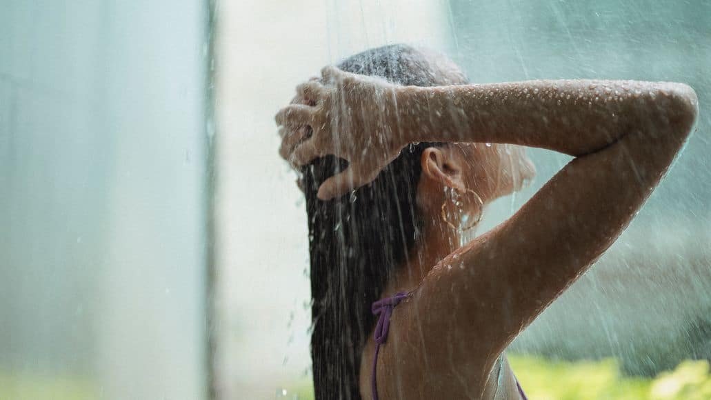 woman taking snake free shower