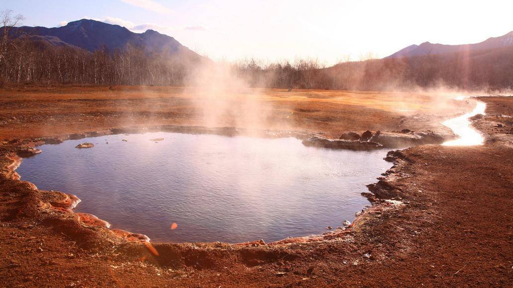 hot spring at dusk